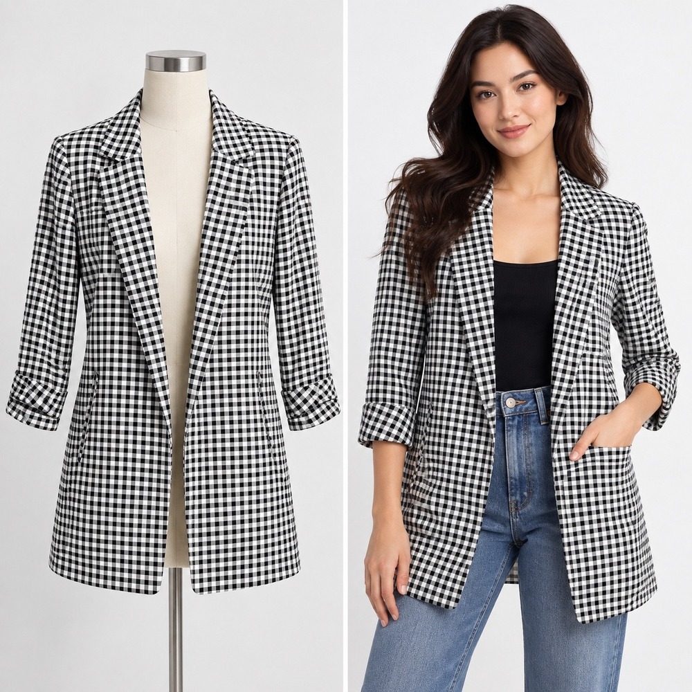 Rachel Zoe Gingham Blazer Women Small Black White Check Ruched Sleeve Preppy